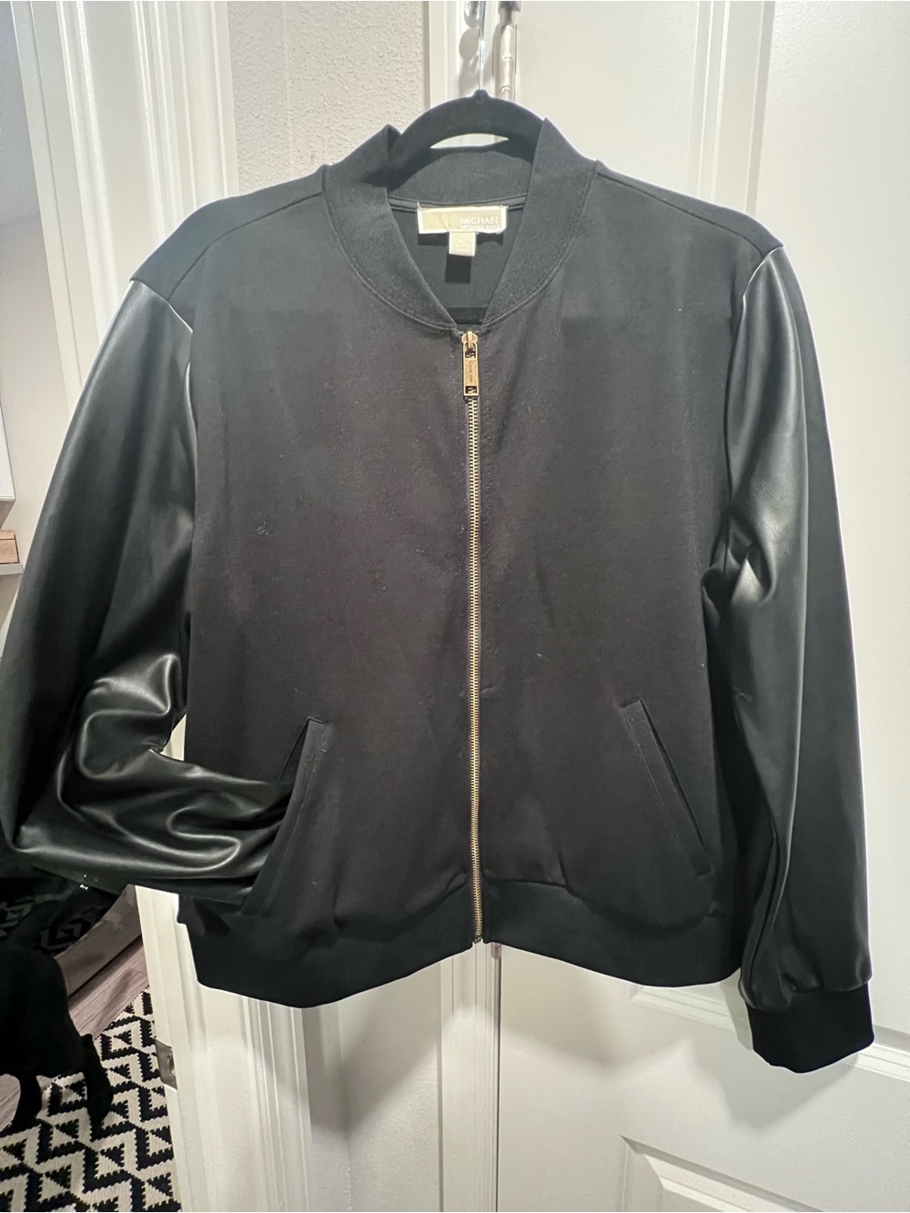 Michael Kors Black Bomber Jacket with Faux Leather Sleeves